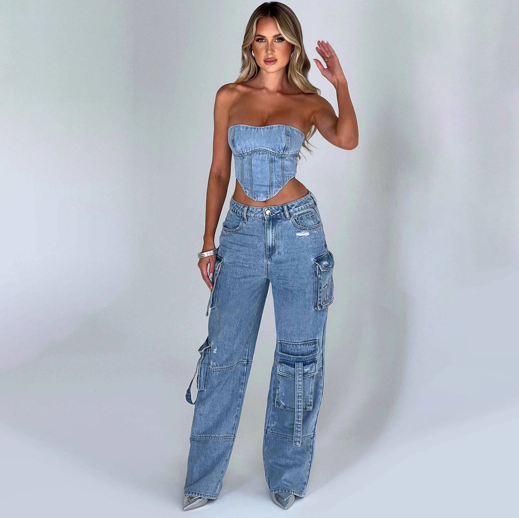 Jean Large Femme Taille Basse en Denim | Low Waist Wide Leg Denim Jeans