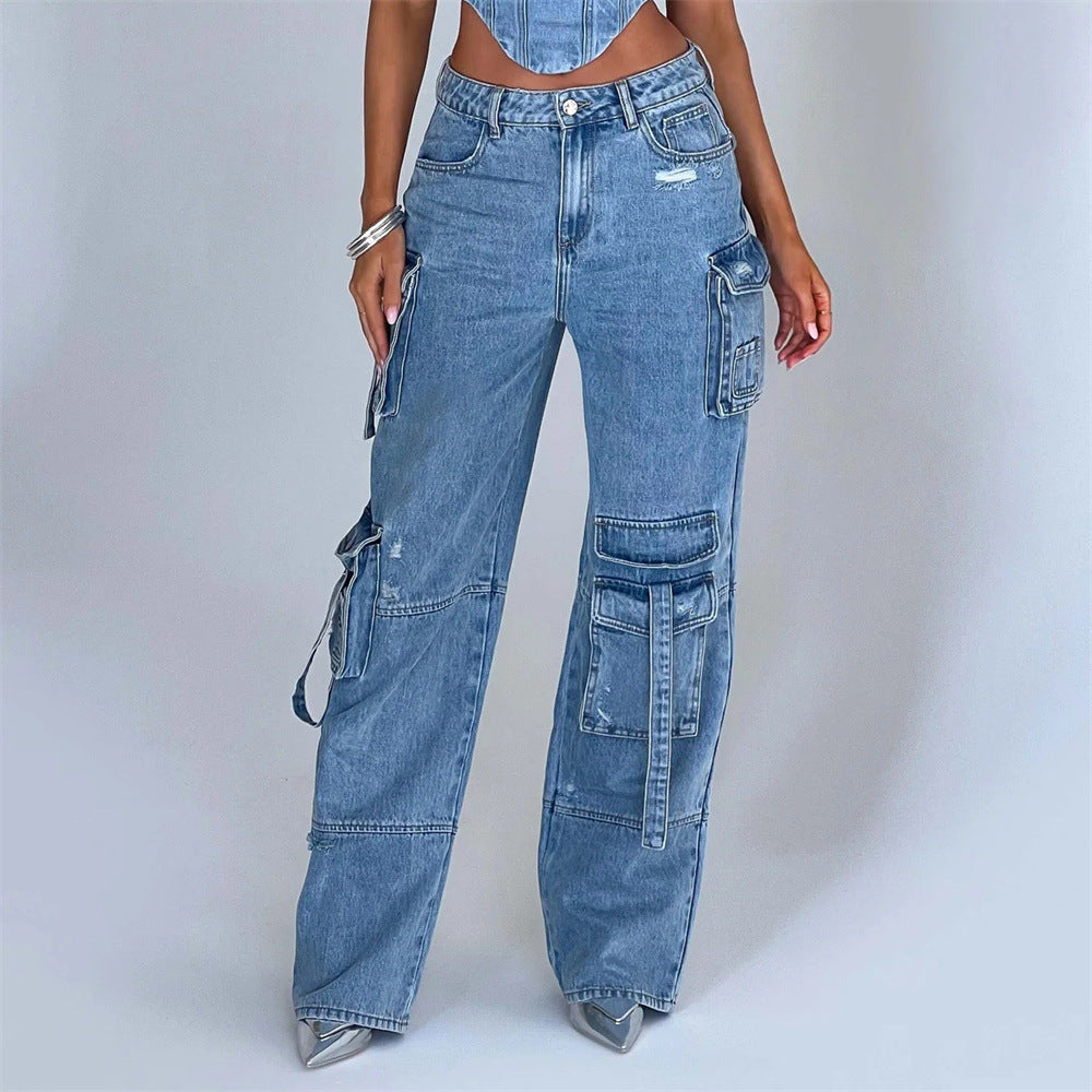 Jean Large Femme Taille Basse en Denim | Low Waist Wide Leg Denim Jeans